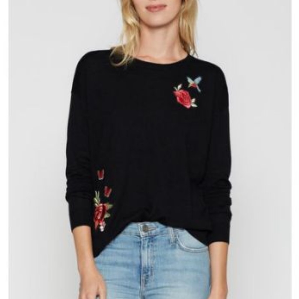 Joie Black Crewneck Sweater with Red Rose Embroidery